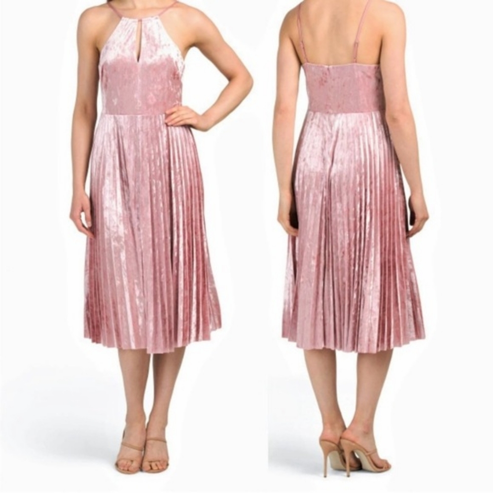 Avec Les Filles Pink Velvet Pleated 70's Midi Dress Boho Hippie Twirl Skirt